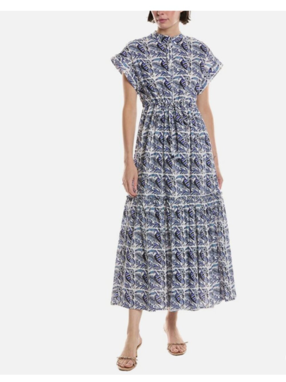 NWOT Ro's Garden Mumi Cotton Block Print Tropical Bird Tiered Midi Dress - Small